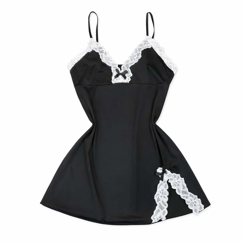 Y2K Black Lace Trim Slip Dress Mini Goth‎ Coquette Babydoll Grunge Fairycore